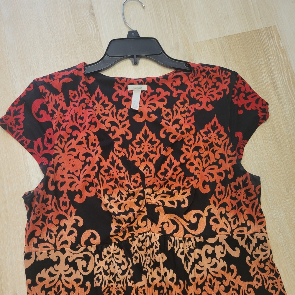 Soma Knit Dress Womens Large Red Orange Damask Empire Waist V-Neck Cap Sleeve - Picture 14 of 15